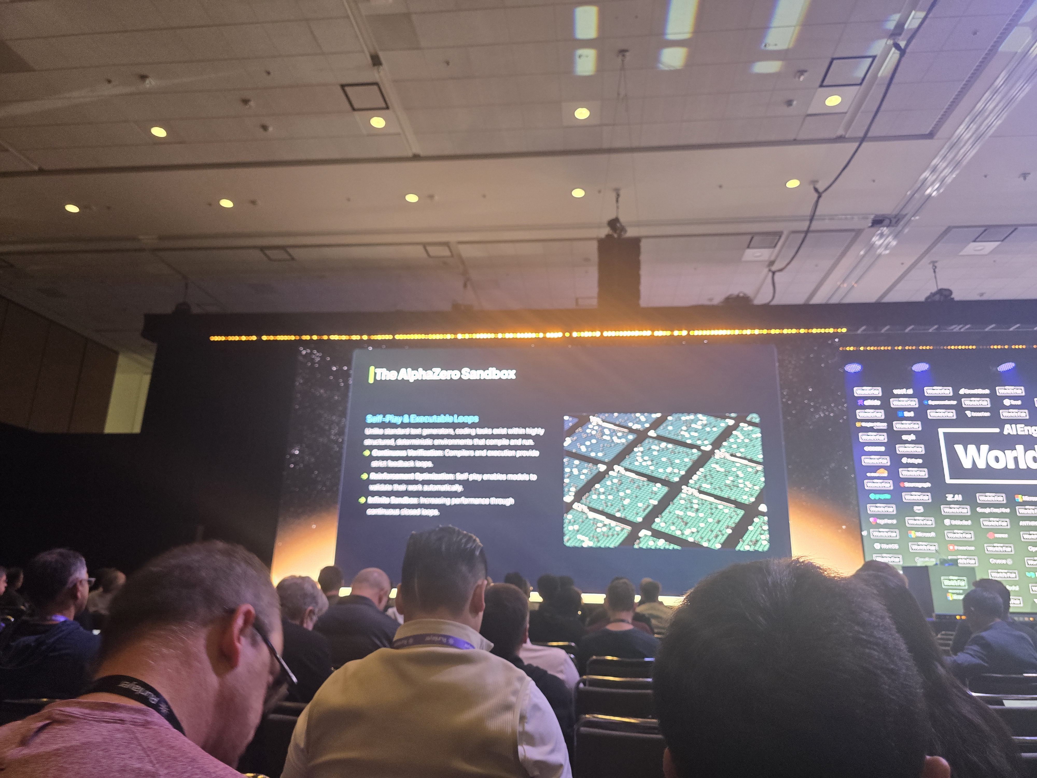 DeepMind slide: the AlphaZero Sandbox - self-play and executable loops, continuous verification, reinforcement optimization