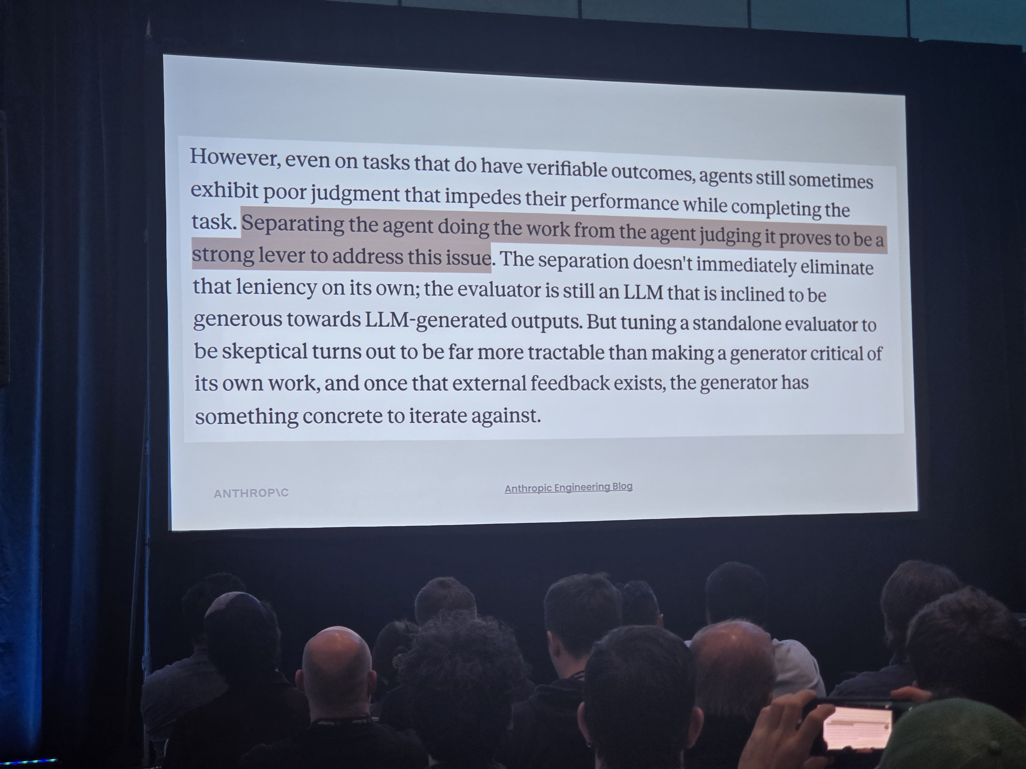 Dreaming slide: the Anthropic Engineering Blog quote, separating the agent doing the work from the agent judging it
