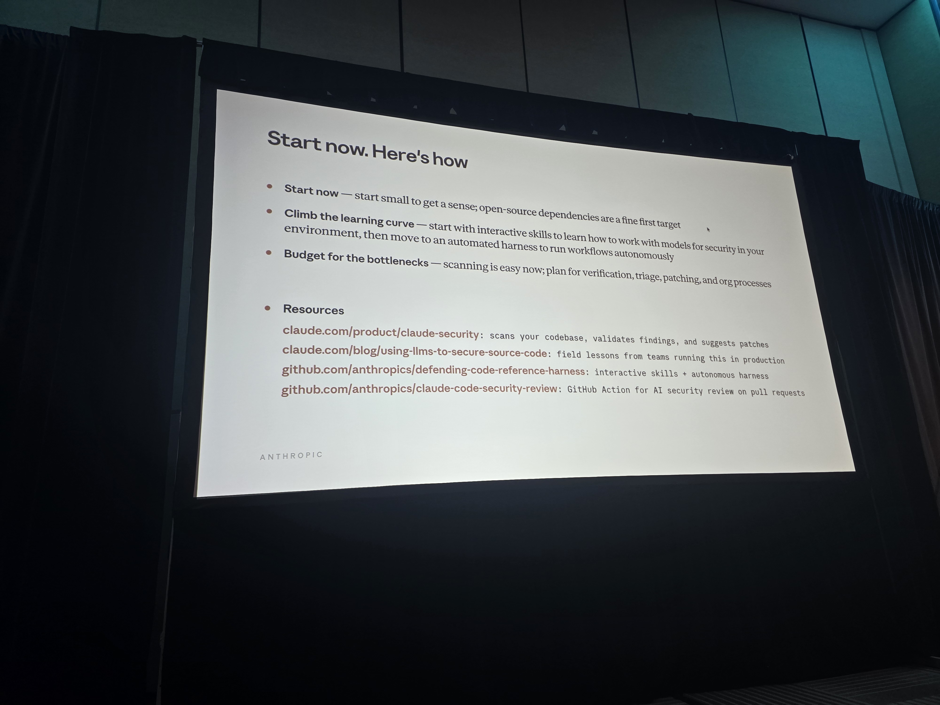 Secure code slide: Start now, here's how - start small with open-source dependencies, climb the learning curve, budget for the bottlenecks, plus the four resource links
