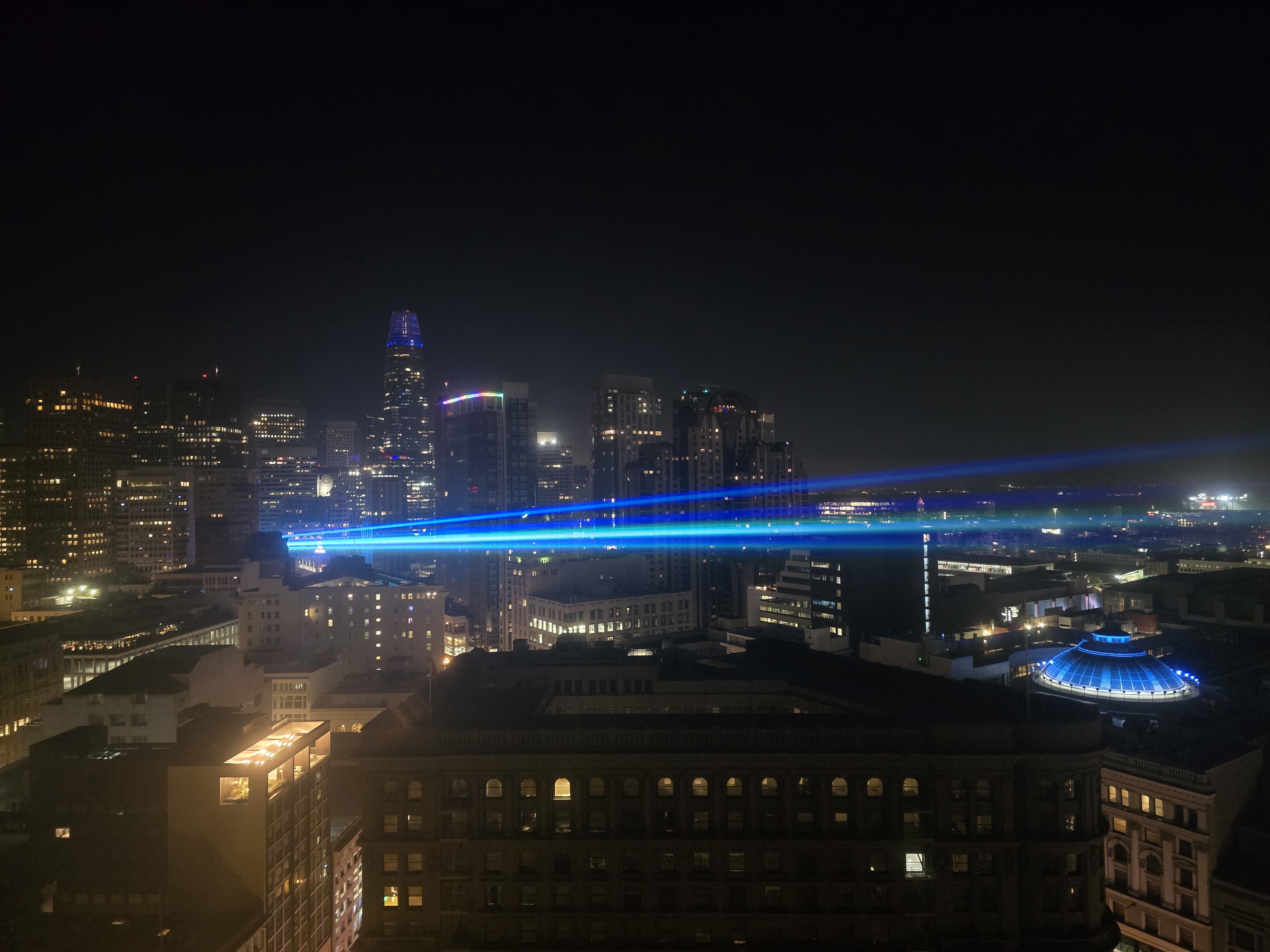 San Francisco skyline at 2am from the hotel room, frickin laser beams crossing over downtown