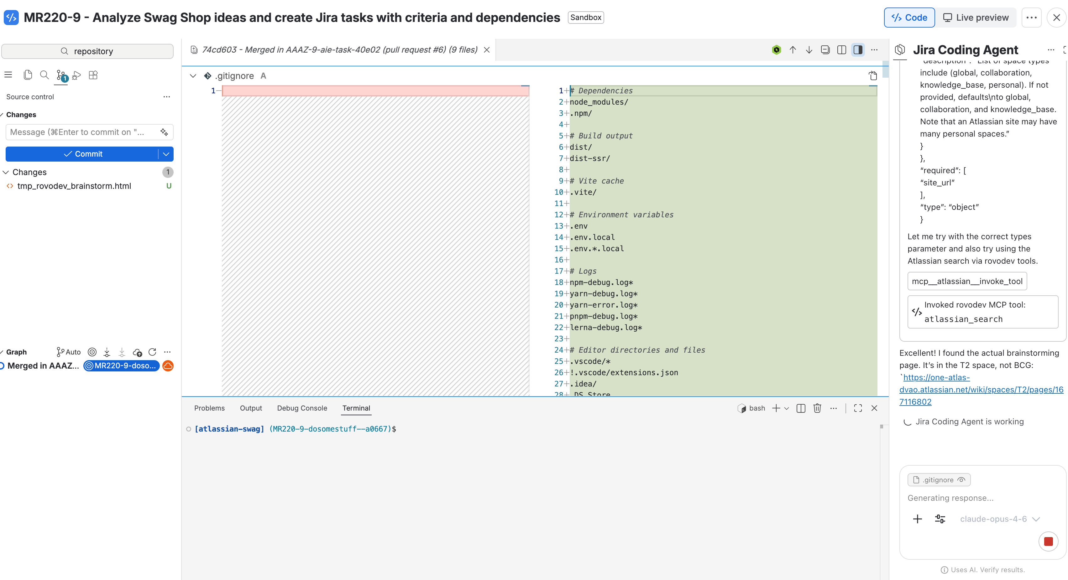 Jira Coding Agent working an "Analyze Swag Shop ideas" task, invoking atlassian_search and finding a Confluence page