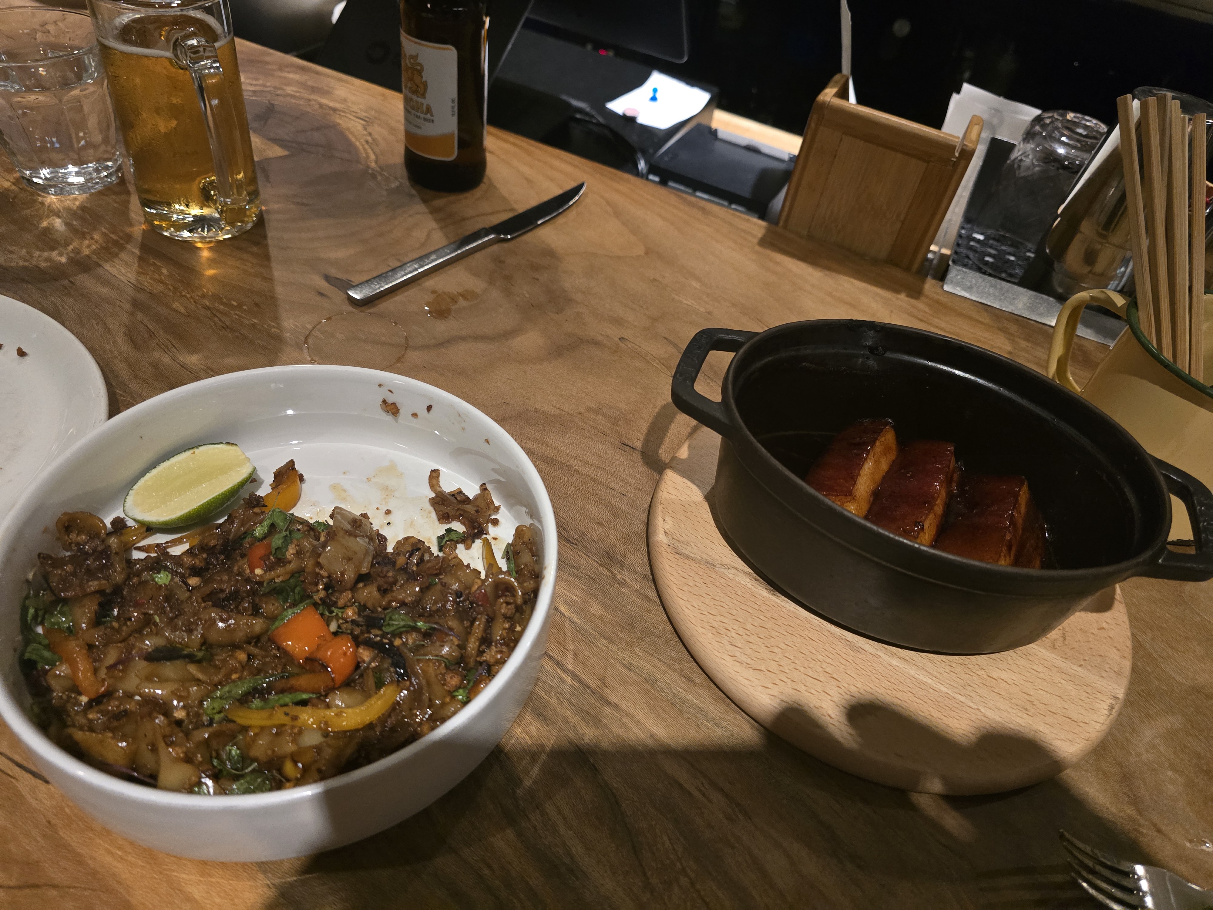 Dinner at Kin Khao: caramelized pork belly and Pad Kee Mao