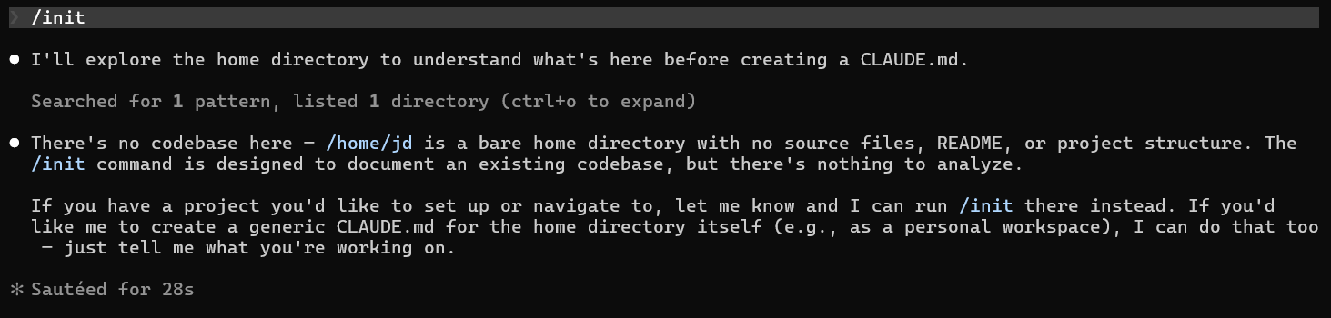 Claude Code /init command output in the terminal