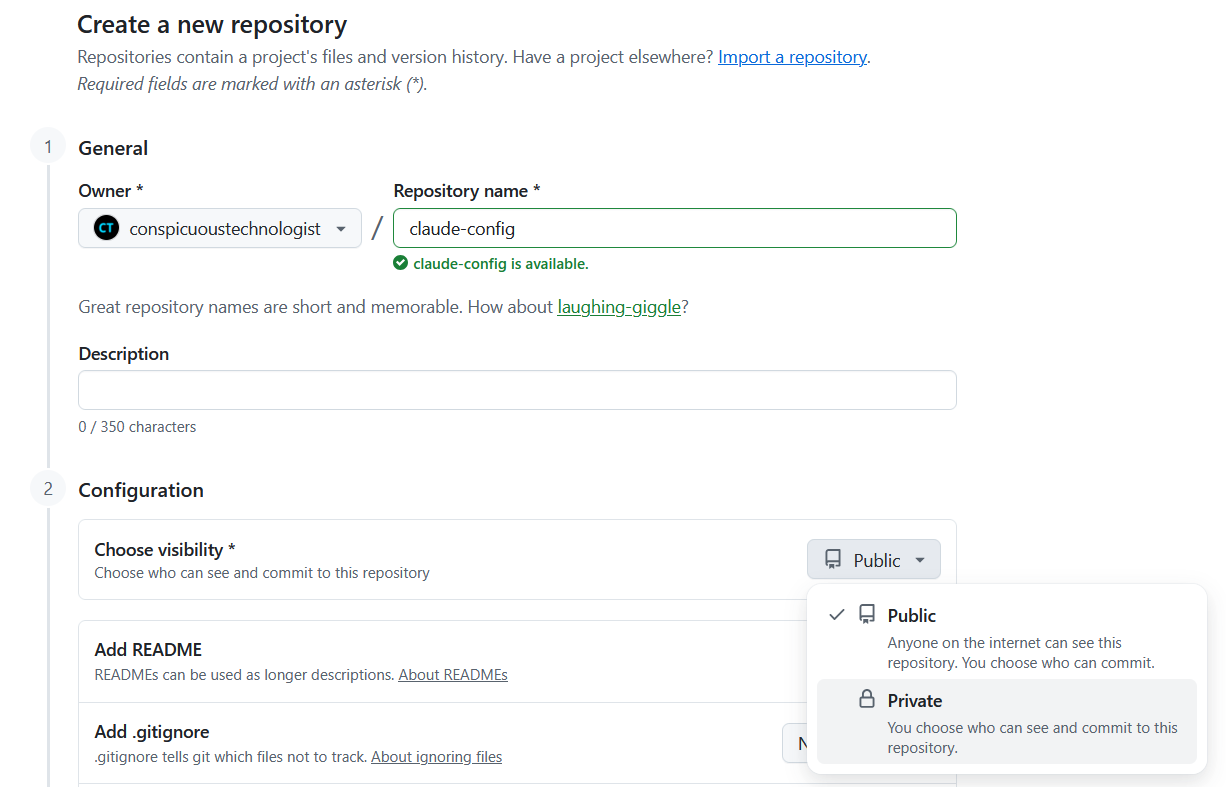 GitHub create repository form with claude-config name and Private visibility selected
