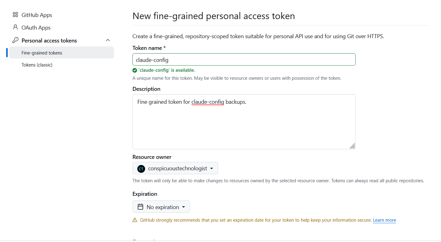 New fine-grained personal access token form with claude-config name and no expiration
