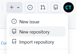 GitHub + dropdown menu showing New repository option