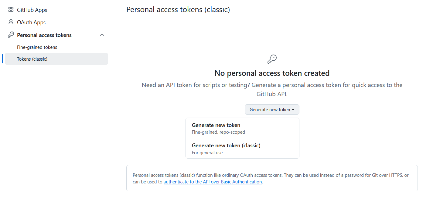 GitHub Developer settings showing Personal access tokens sidebar and Generate new token dropdown