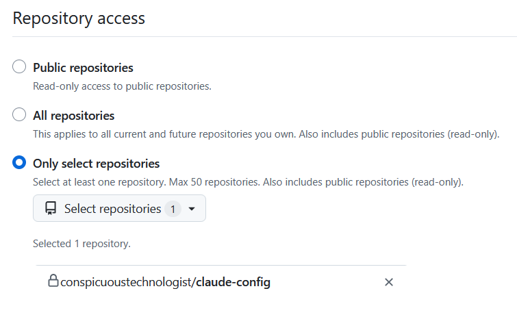 Repository access section with Only select repositories selected and claude-config chosen