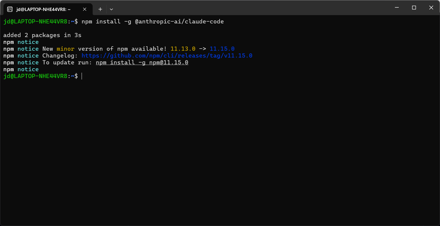 npm install completing with added 2 packages in 3s
