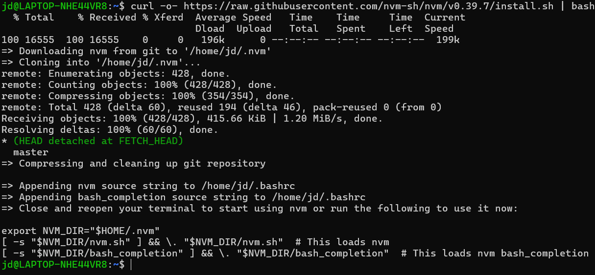 nvm install script running in the terminal