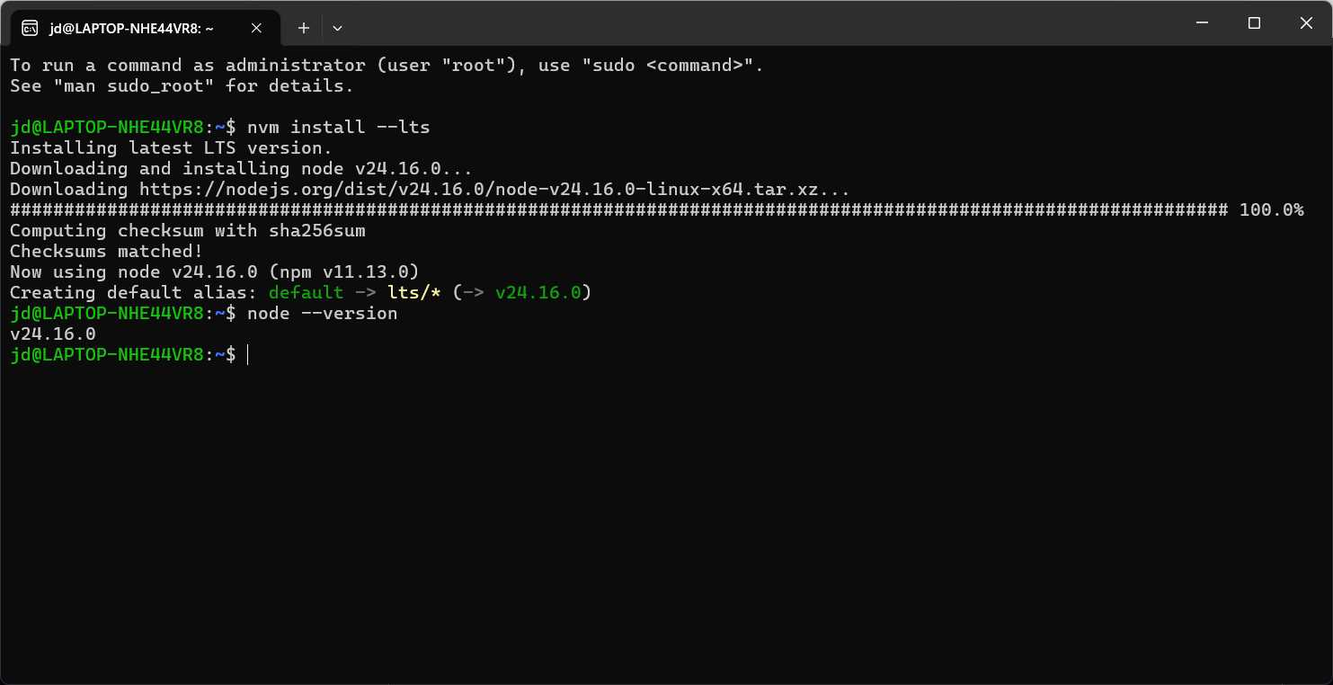 nvm install --lts and node --version showing v24.16.0