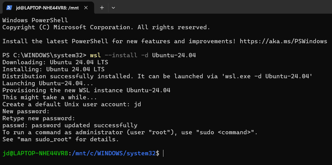 PowerShell window with wsl install command