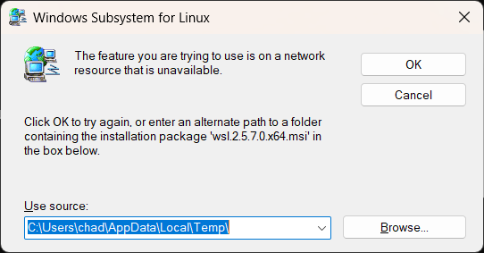 WSL error dialog - feature is on a network resource that is unavailable