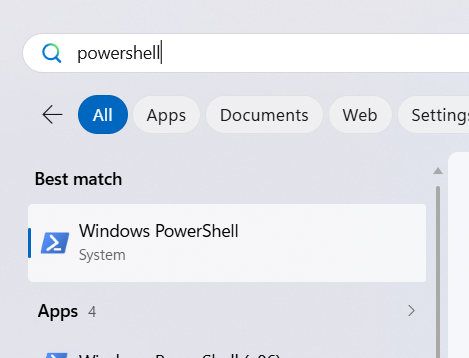 Windows search showing PowerShell result