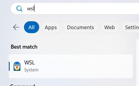 Windows Start menu showing WSL in the app list