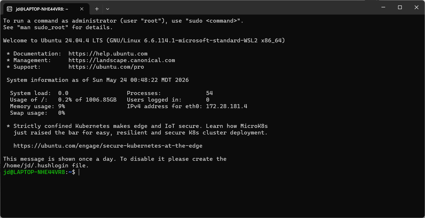 Ubuntu terminal showing the WSL welcome screen and command prompt