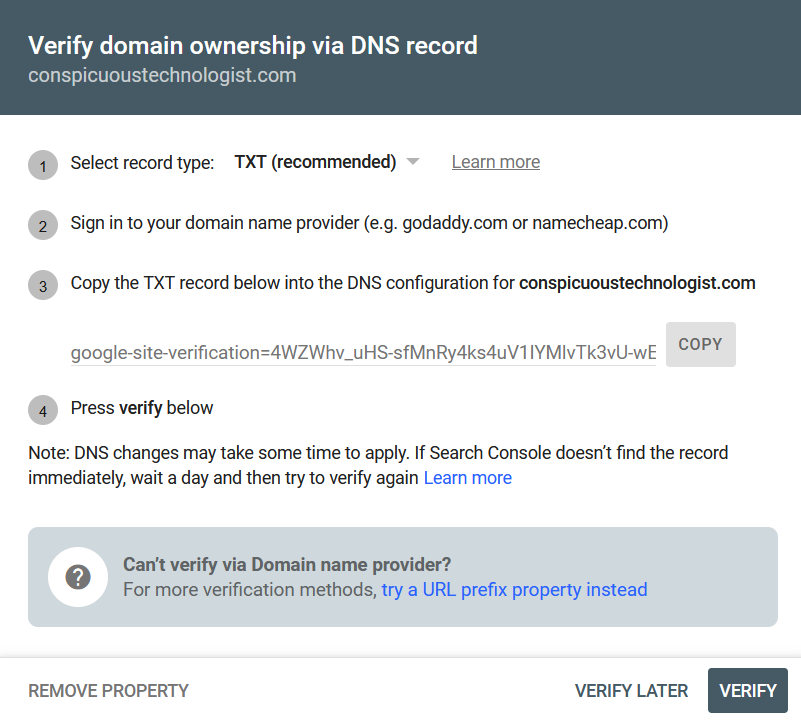 Google Search Console DNS verification screen
