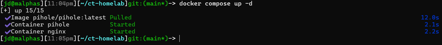 docker compose up output showing pihole and nginx containers started