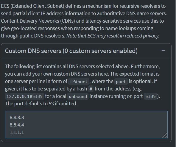Pi-hole custom DNS servers section