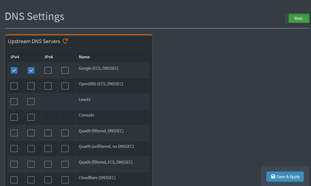 Pi-hole DNS Settings page showing upstream server options
