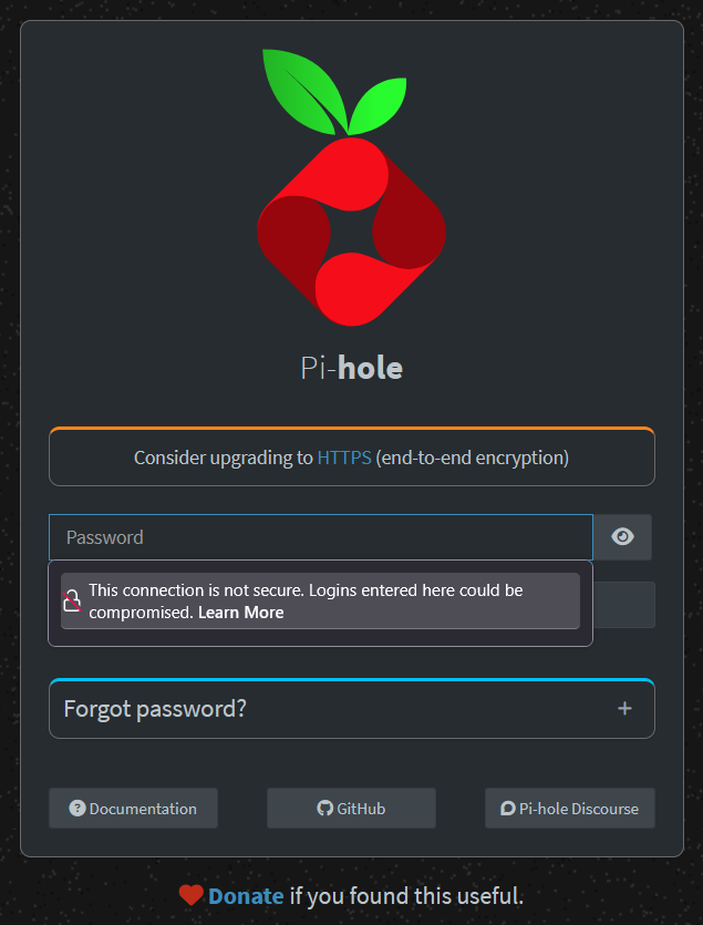 Pi-hole login screen