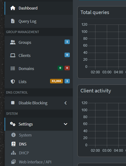 Pi-hole sidebar showing Settings > DNS navigation