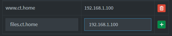 Pi-hole Local DNS Settings with files.ct.home added pointing at 192.168.1.100