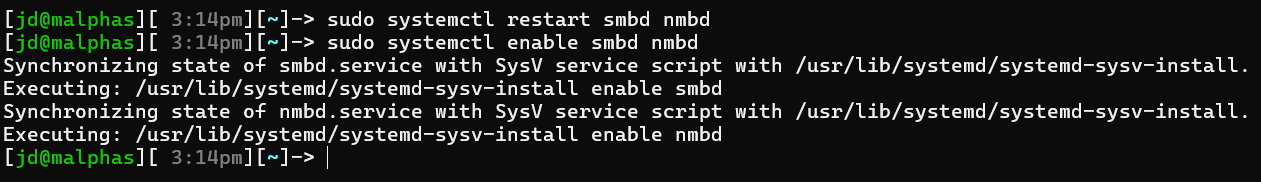 systemctl restart and enable smbd nmbd output