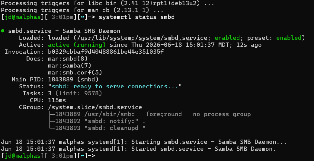 systemctl status smbd showing Samba active and running