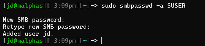 smbpasswd output showing Added user jd