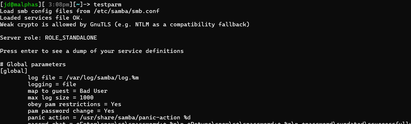 testparm output showing config loaded OK and share definitions