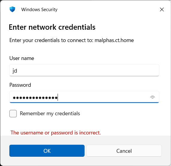 Windows Security dialog prompting for network credentials to connect to malphas.ct.home