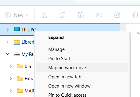 Right-click context menu on This PC showing Map network drive option