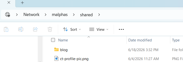 Windows File Explorer showing malphas.ct.home with jd and shared folders