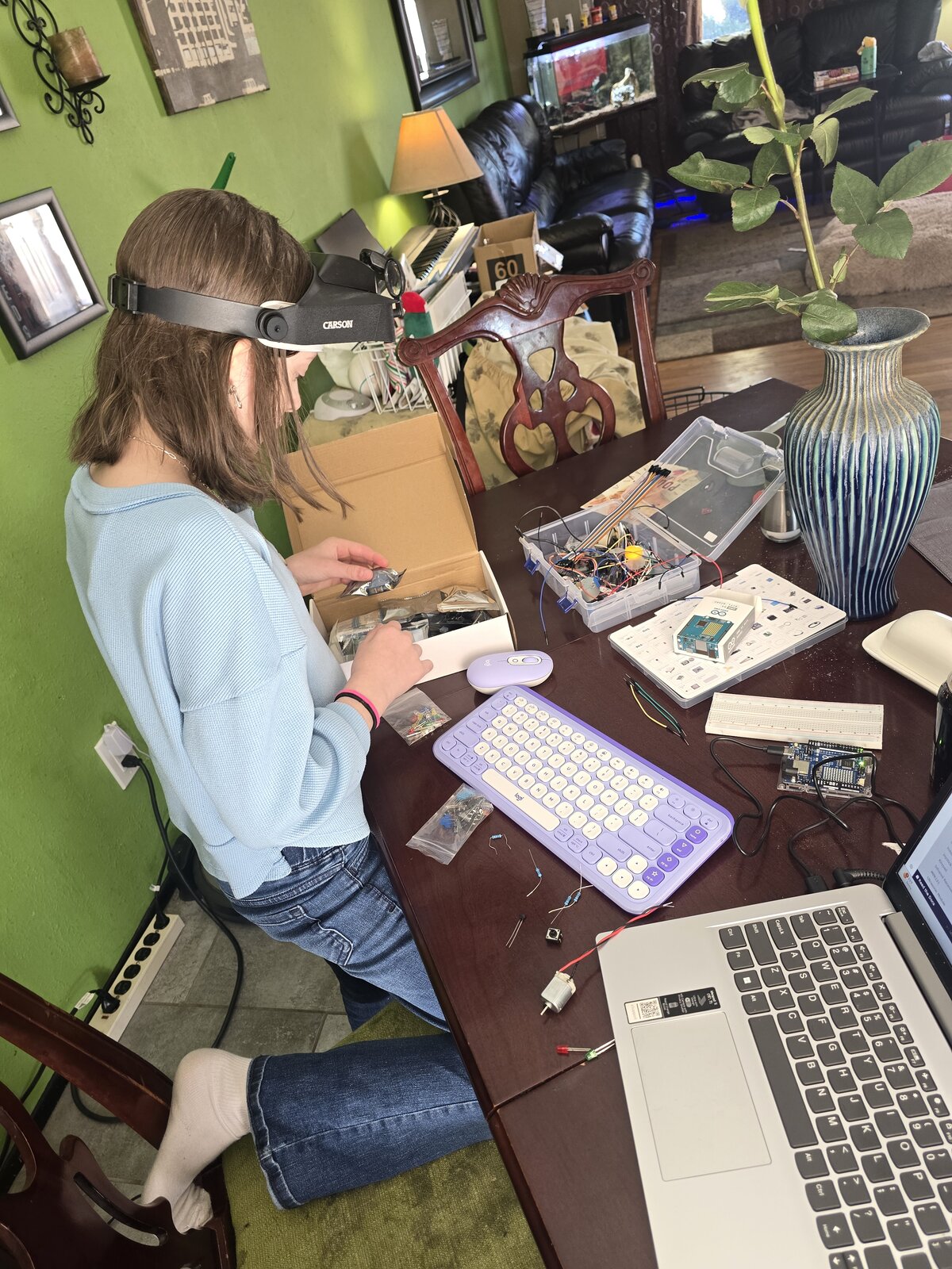 pixie_technologist at the desk with a breadboard, LED, and laptop, practicing with a potentiometer before camp